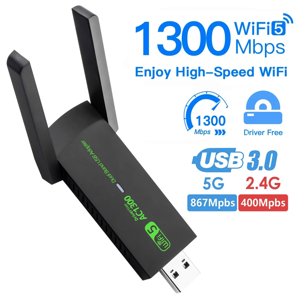 

1300Mbps USB WiFi Adapter AC1300 WiFi 5 Ethernet Network Card Dual Band 5G 2.4G USB3.0 WiFi Dongle for PC Laptop WiFi Receiver