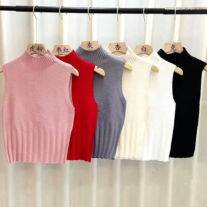 Women Knitted Crop Top Black Tank Top 2024 Summer Clothes Spring Sleeveless Half Turtleneck Camisole Sexy White Top Office Lady