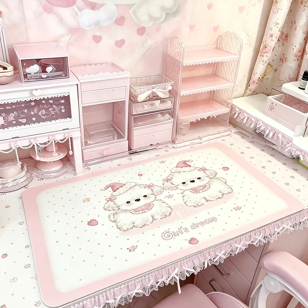 Leather Desk Pad Protector Pink Gradient Polka Dots Puppy Kawaii Dog Y2K Mouse Pad Office Desk Mat PU Desk Blotter keyboard Pads