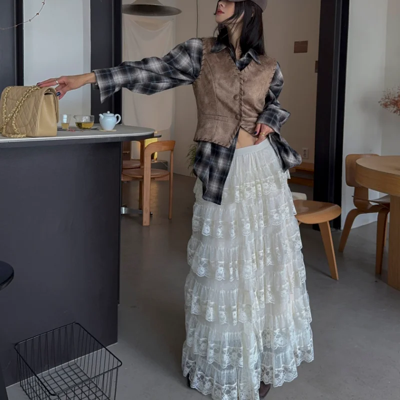 أنيقة شبه رسمية طول الركبة الدانتيل تول كعكة تنورة عادية عالية الخصر المرأة تنورة الربيع الصيف 2026 تخفيف Sle