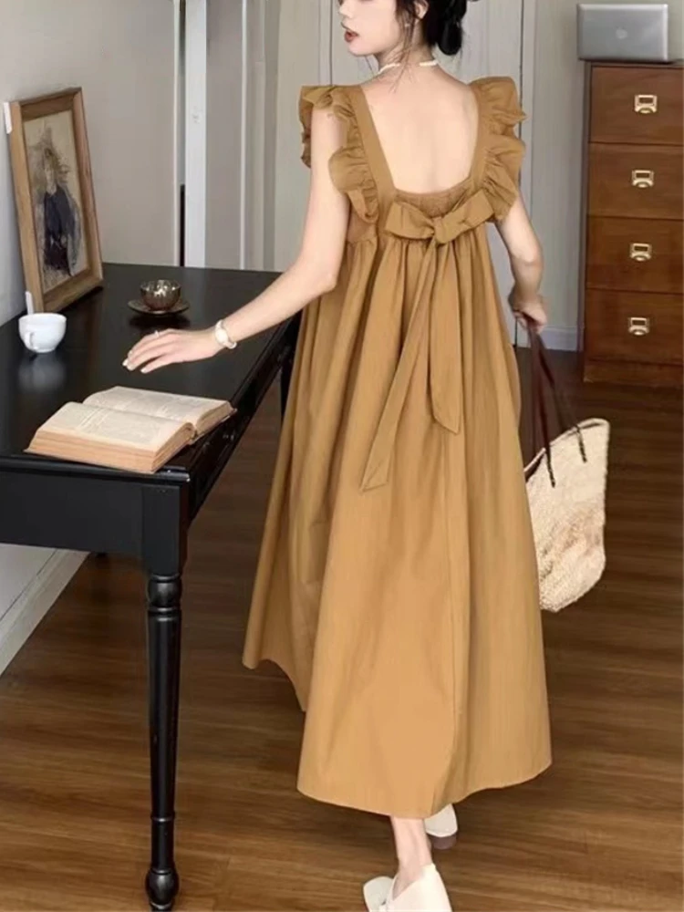 

Cute Sweet Casual Korean Thin Summer Solid Fashion Loose Sleeveless Long Dress Square Collar Women's Clothing 2024 New Dresses