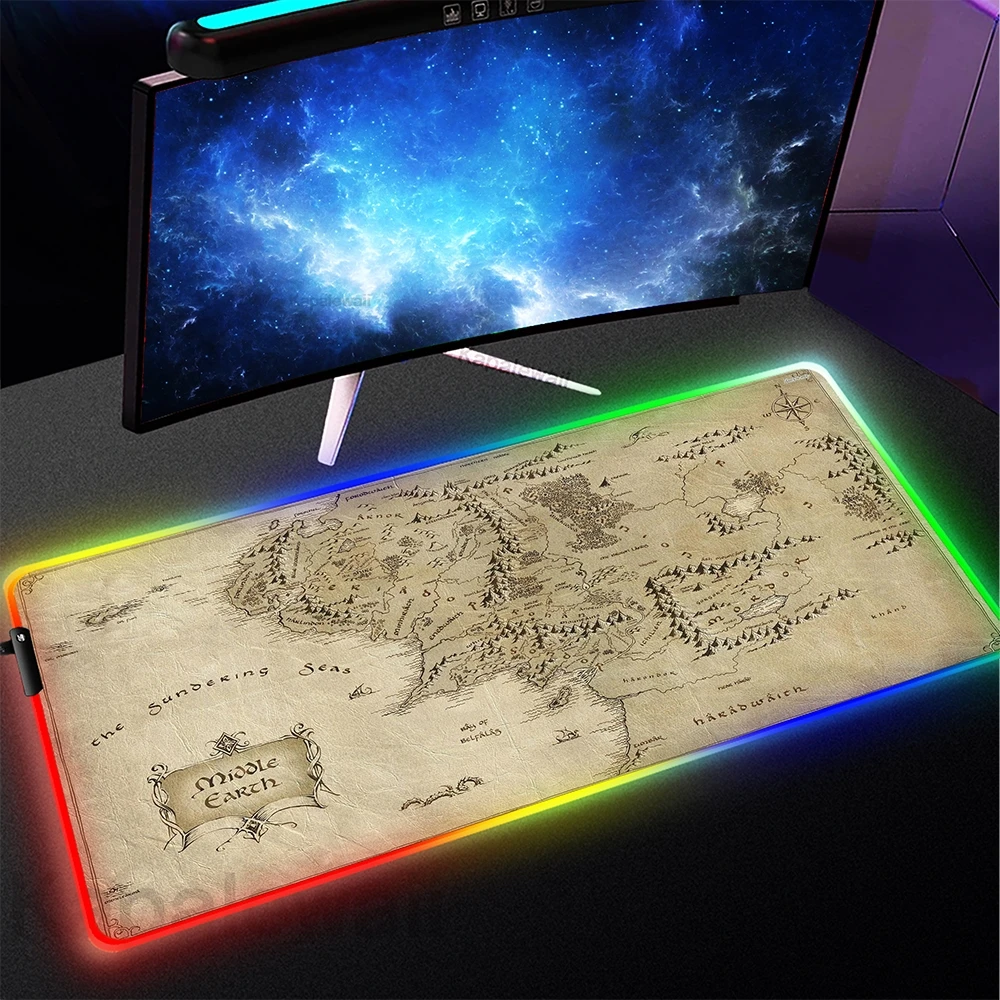 Large RGB Game Map Mousepad LED Light Gaming Mouse Pad XXL 900x400mm Gamer Speed Luminous Keyboard Pads Rubber Desk Mat