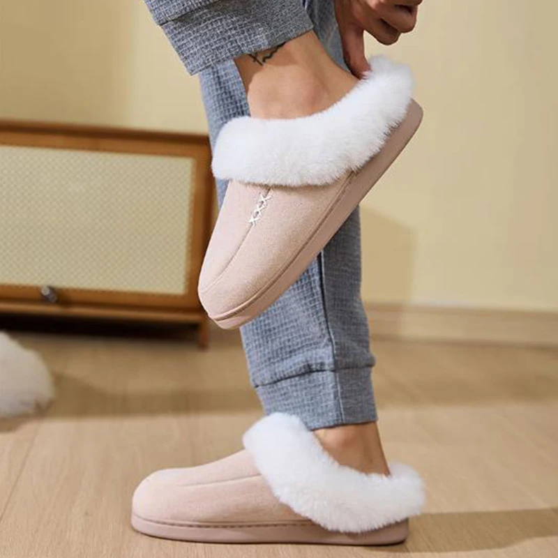 Smile Pop Winter XX Cotton Slippers Indoor Warm Soft Plush Shoes Fluffy Slippers White Hairy Cotton Slippers Women Home Slippers