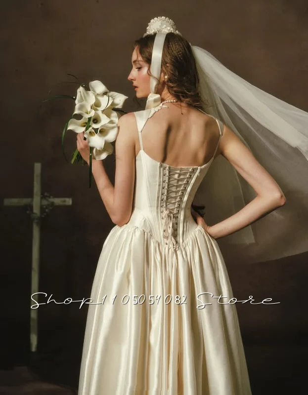 Customized Ivory Classic Bridal Gown Strapless Satin Vintage Corset Asymmetrical Full Skirt Backless Church Wedding Dress