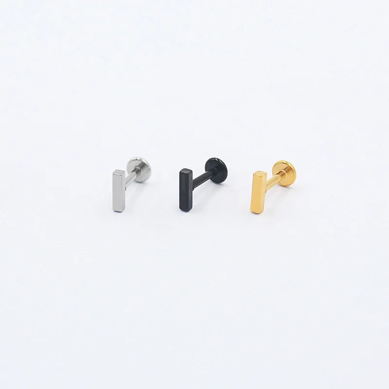 316L Stainless Steel Steel-color Inner Tooth Internal Thread Rectangular Bar Stud Earrings No Fade Allergy Free Jewelry