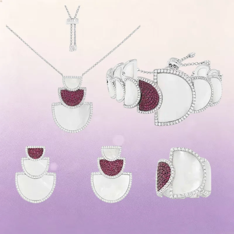 ZPPFF S925 Sterling Silver Half Circle Geometric Red White Shell Ring Earrings Bracelet Necklace Women's Fashion Classics Jewelr