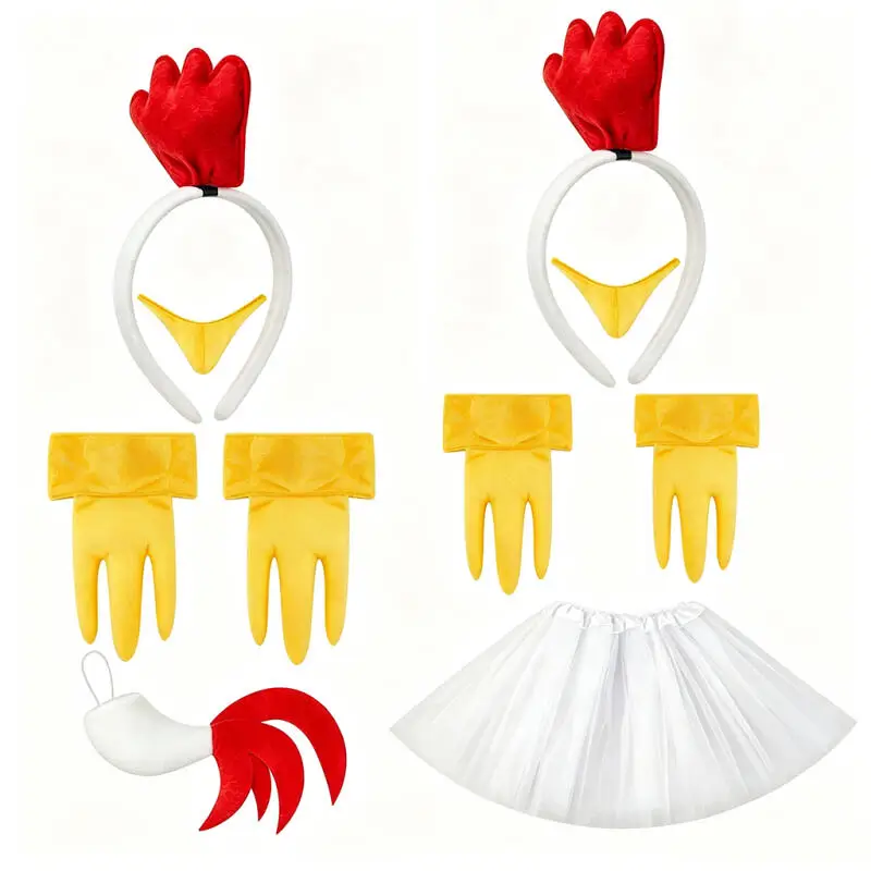 Animal Chicken Cosplay Costume Set Headband Beak Tail White Tutu Foot Cover Skirt For Halloween Fancy Rooster Role Play Outfit