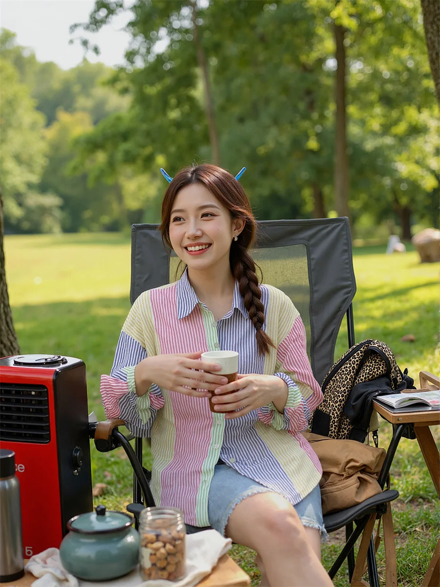 قميص نسائي صيفي بأكمام طويلة مرقع بياقة دائرية وزر أمامي بسيط أساسي وبسيط وبلوزات غير رسمية على الموضة #3