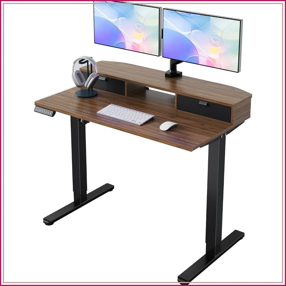 Electric Standing Desk 40x24 with 2 Drawers, Height Adjustable Home Office Desk, C-Clamp, Walnut