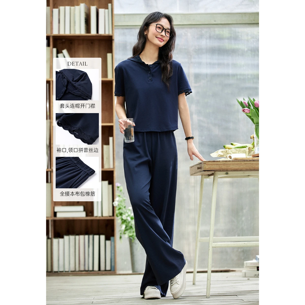 

VIMLY Navy Blue Casual Sports Knitted Suit Women's 2025 Summer Spliced Lace Hooded Top Wide-leg Pants Woman Two-piece Set A1579