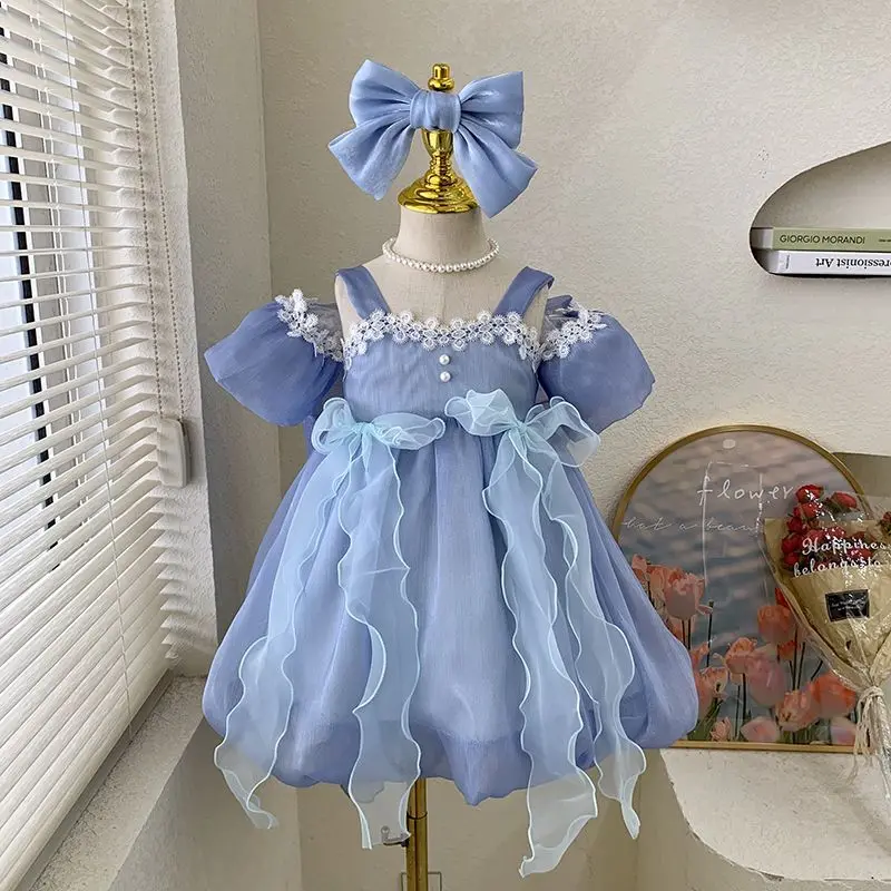 Kawaii Cinnamoroll Girls Dress Short Sleeves Party Dress Bow Sling Princess Dress Korea Summer Kids Clothes Girls Mesh Vestidos