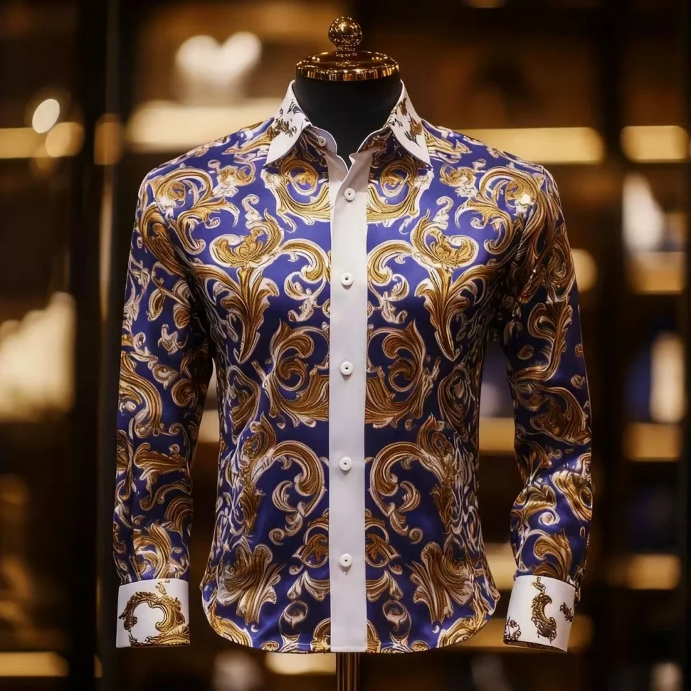 

New men's high-quality patterned artistic print long-sleeved shirt, casual men's lapel button-down shirt, fast shipping