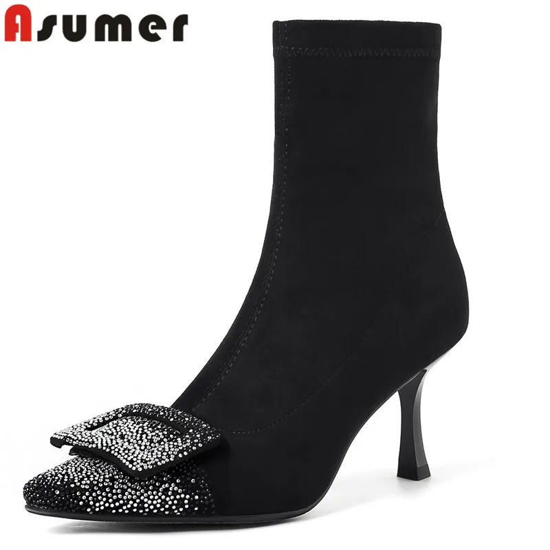 

ASUMER 2024 New Rhinestone Stretch Fabric Winter Boots Square Toe Ladies Zipper Stretch Boots Thin High Heels Ankle Boots
