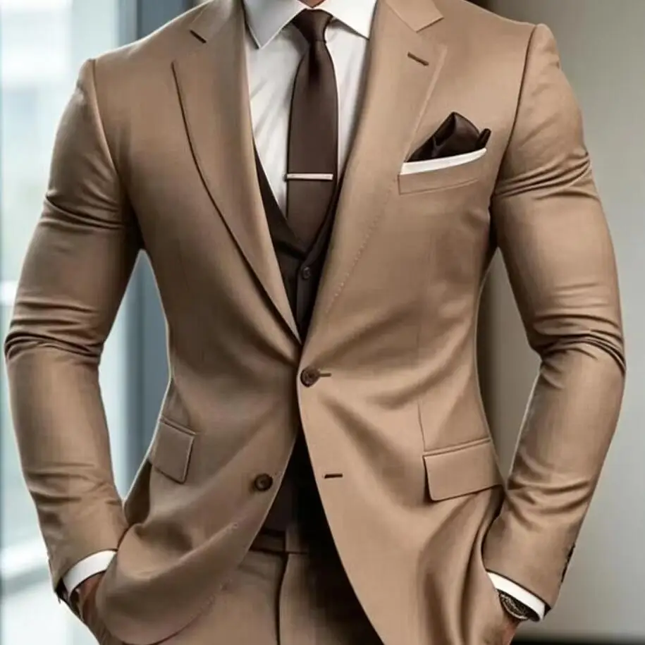

High Quality 3 Piece Brown Men Suits Single Breasted Notched Lapel Formal Wedding Costume Homme Jacket Pants Vest Suit Slim Fit