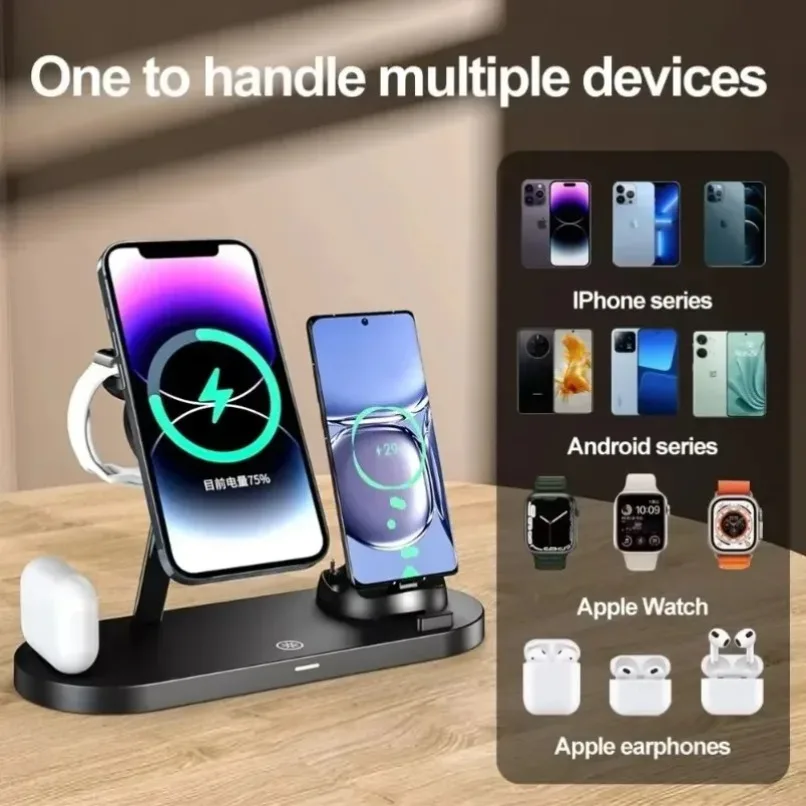 8 in 1 Dual Device Wireless Charger Stand Atmosphere Light Fast Charging Station for iPhone iWatch AirPods Android Home Office