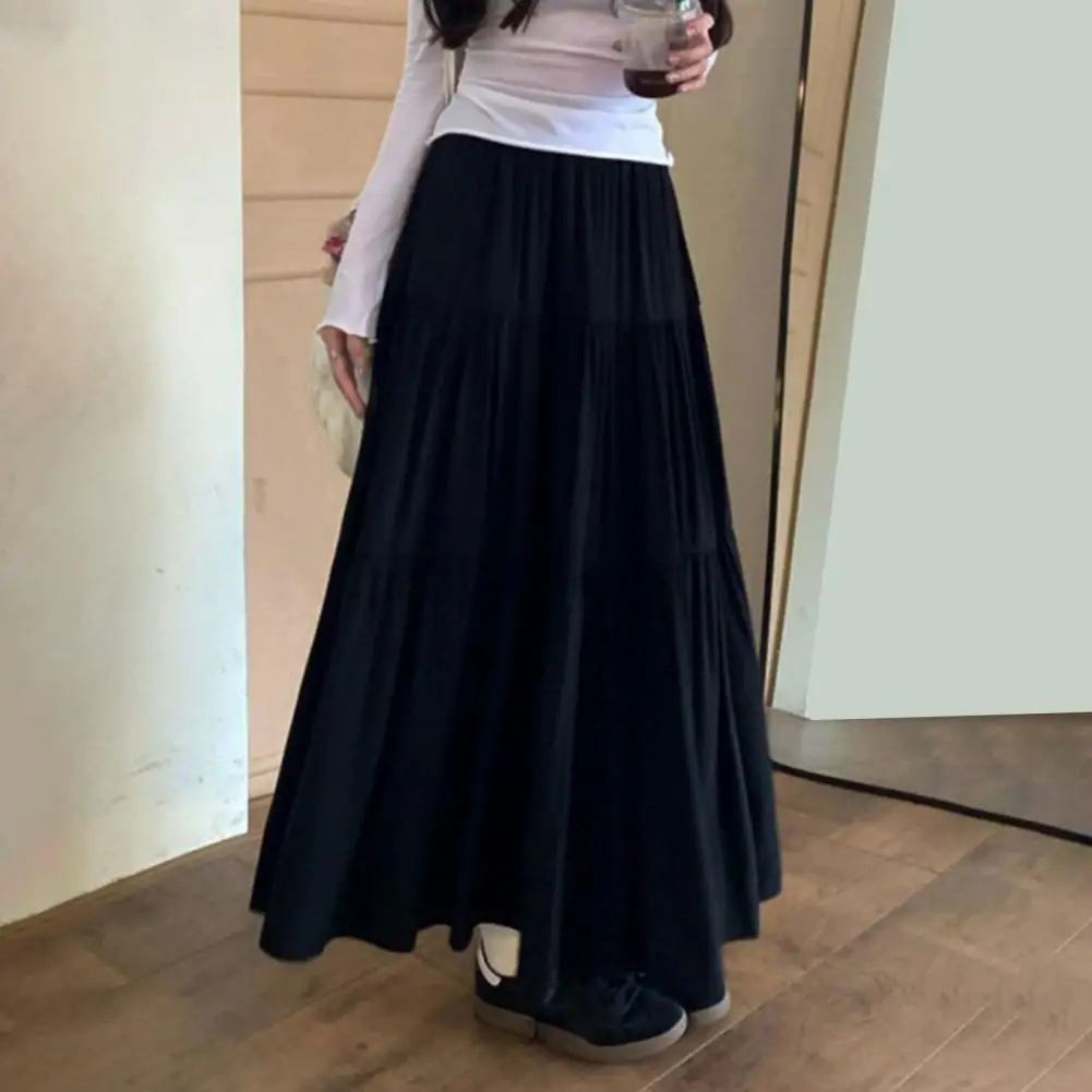 Slimming Maxi Skirt Elegant Women's Maxi Skirt Elastic High Waist Pleated Design A-line Silhouette for A Stylish Flattering Look