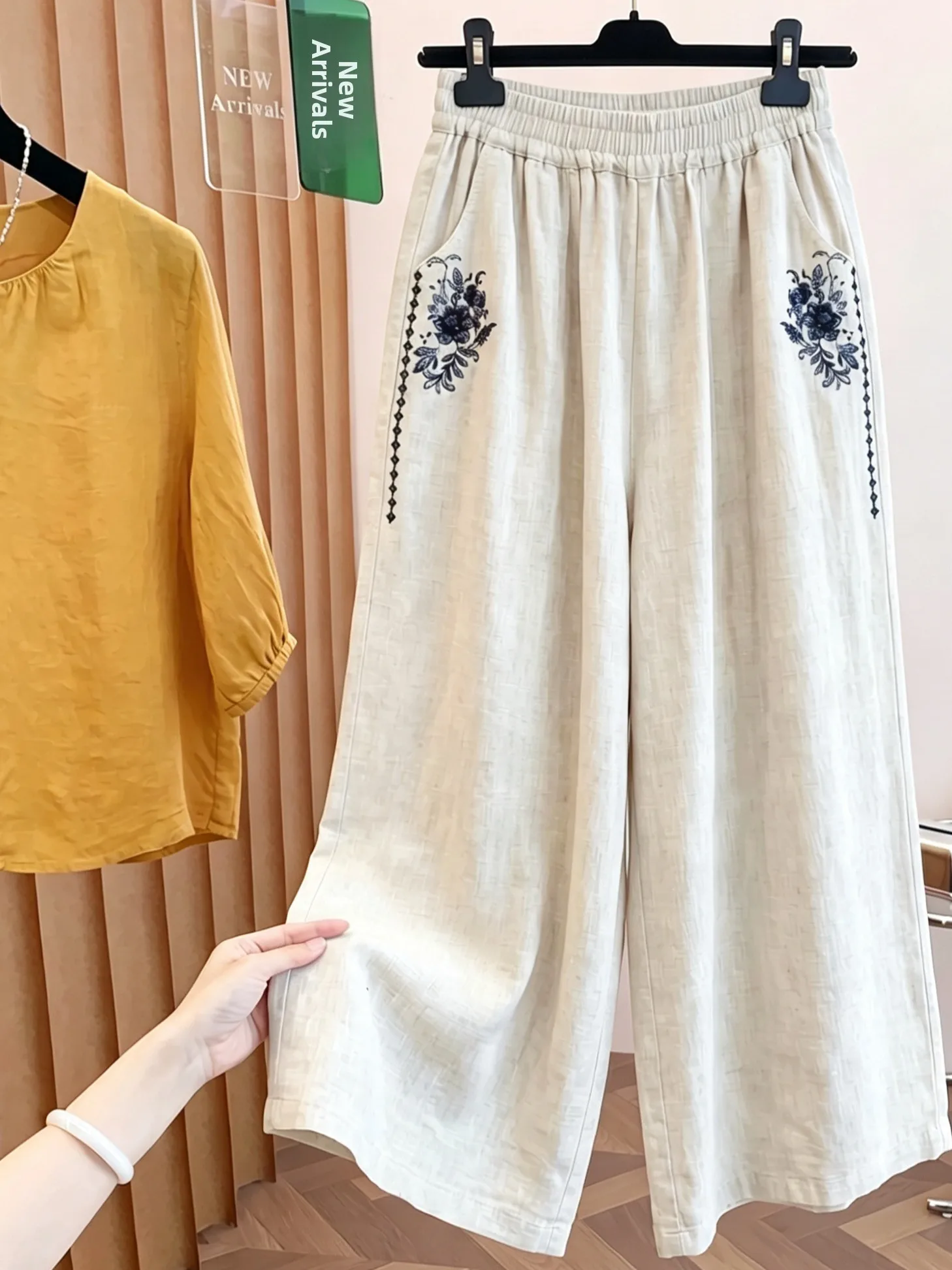 Elegant Embroidered Cotton Linen Wide Leg Pants Women's Loose Fitting High Waist Elastic Waist Nine Point Pants Summer New Style