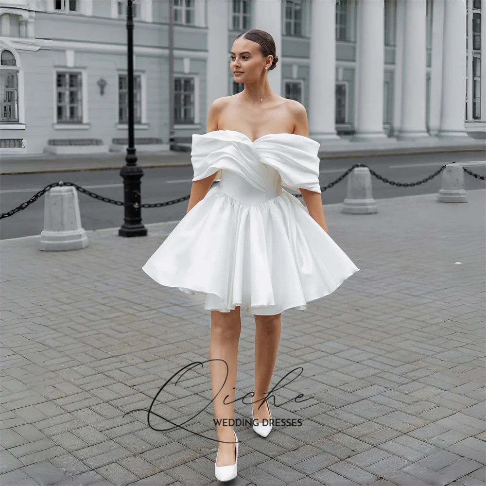 

QICHE Classic Satin Short A-Line Wedding Dresses Off The Shoulder Pleat Sweetheart Open Back Gown Vestidos De Noiva Customized