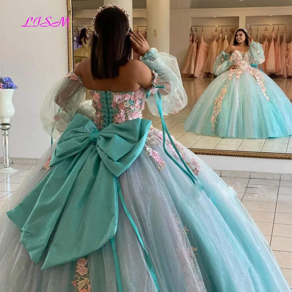 아이스 블루 볼 가운 Quinceanera 드레스 오프 어깨 긴 소매 코르셋 클로저 스윕 기차 아플리케 ballkleider prinzessin