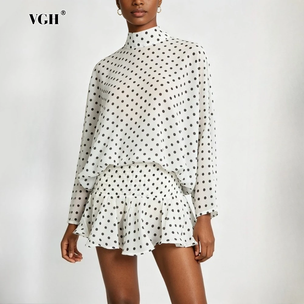 

VGH White Spliced Dot Print Two Piece Set Female Turtleneck Long Sleeve Top Korean Gentle Women's Skirt Sets Fashion Summer New