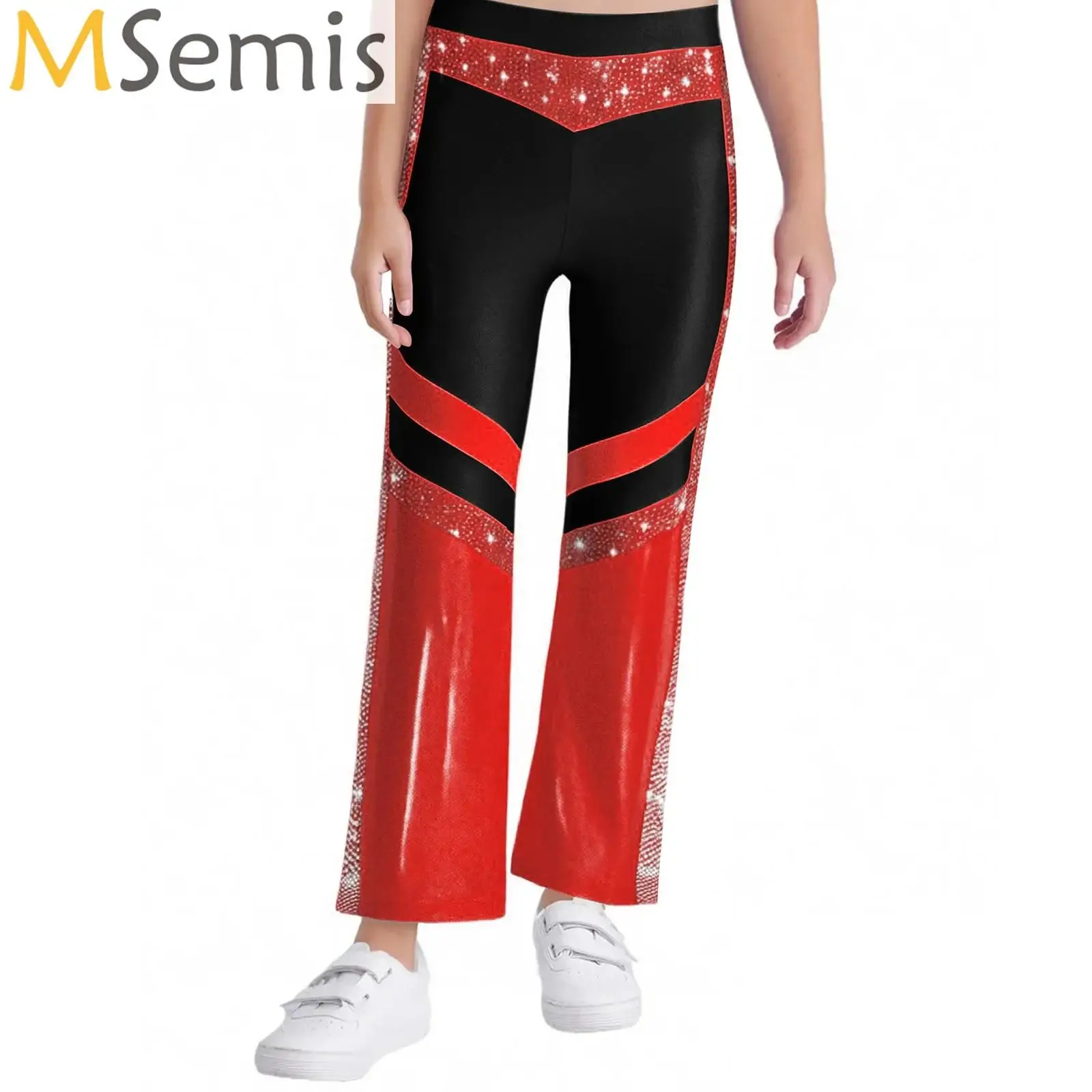 

Kids Gymnastics Acrobatics Dance Costume Shinny Rhinestone Flare Pants Girls Athletic Footless Legging Tights Bell Bottom Pants