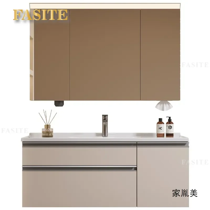 Cream Ceramic Integrated Basin Bathroom Vanity Cabinet With Pull Out Basket Smart Storage Combo For Toilet Hand Face Wash