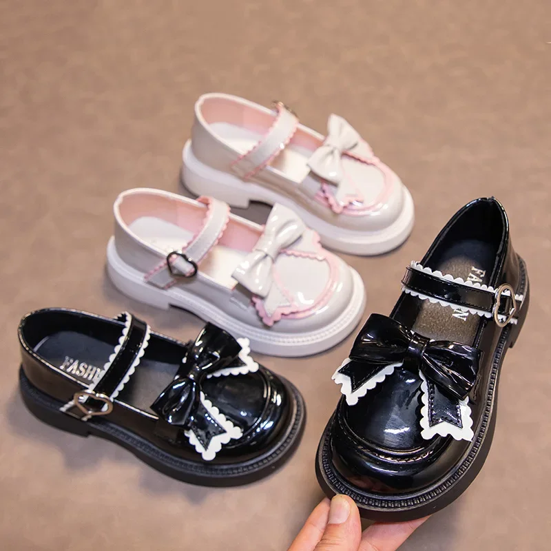 

Girls Leather Shoes for Party Wedding British Style Children School Performance Shoes Kids Mary Janes Shoes with Bow-knot