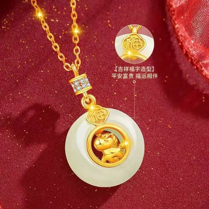 2026 New Chinese Zodiac Imitation Hetian Jade Necklace, Peace Buckle Pendant, Holiday Gift Jewelry for Women