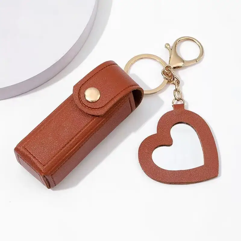 Leather Lipstick Case Makeup Holder Stylish PU Leather Portable Mini Lipstick Case With Heart Pendant For New Year Anniversary