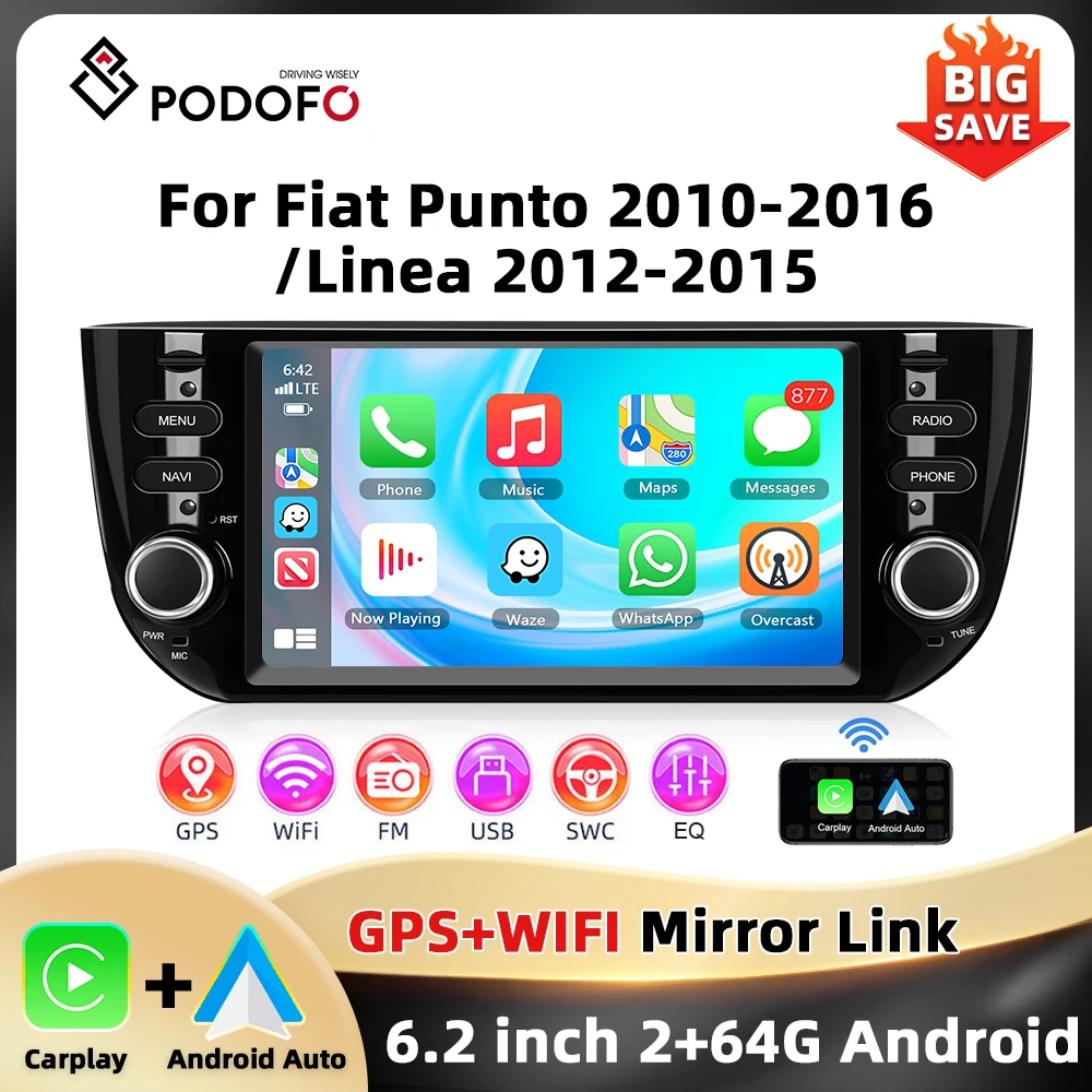 Podofo 6.2 ''2 + 64G Autoradio Per Fiat Punto 2010-2016/Linea 2012-2015 Lettore Multimediale WIFI GPS Carplay Android Auto Car Stereo
