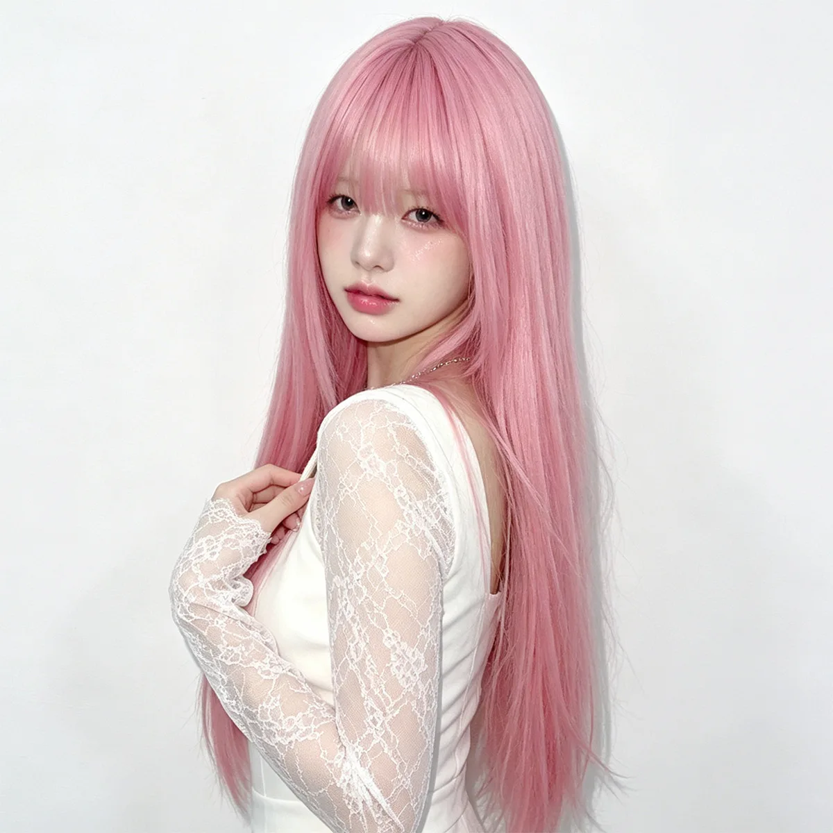 Pink 26-inch long straight synthetic wig - Halloween party cosplay role-playing wig - Daily wig - High-temperature silk wig set