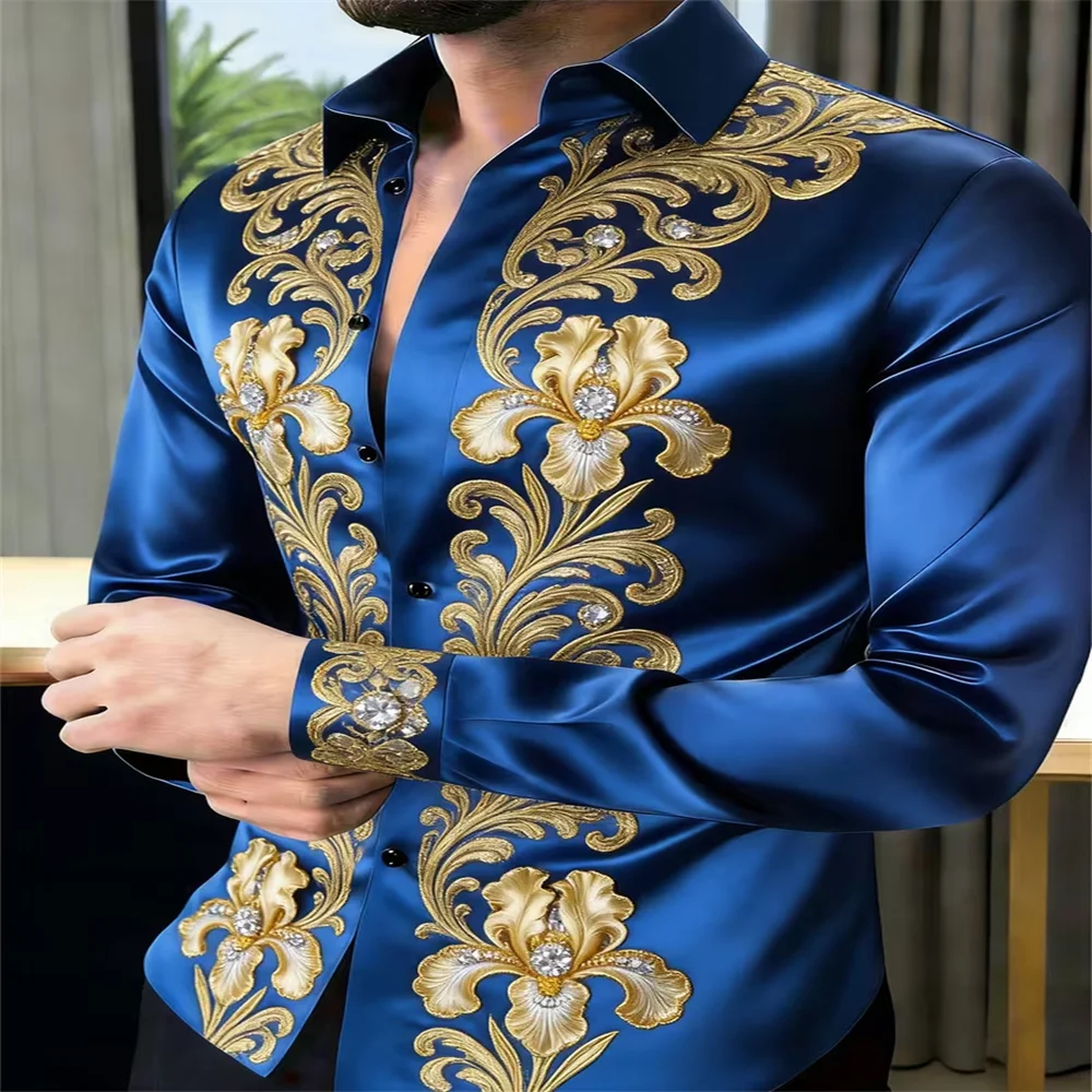 New Colorful Fluid Art Printed Men's Long Sleeve Shirt Trendy Brand Personalized Casual Slimming Shirt