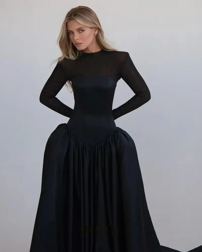 CustomizedBlack Formal Occasion Evening Dresses O-neck A-line Full Sleeve Empire Waist Elegant Party Dress for Women Customized