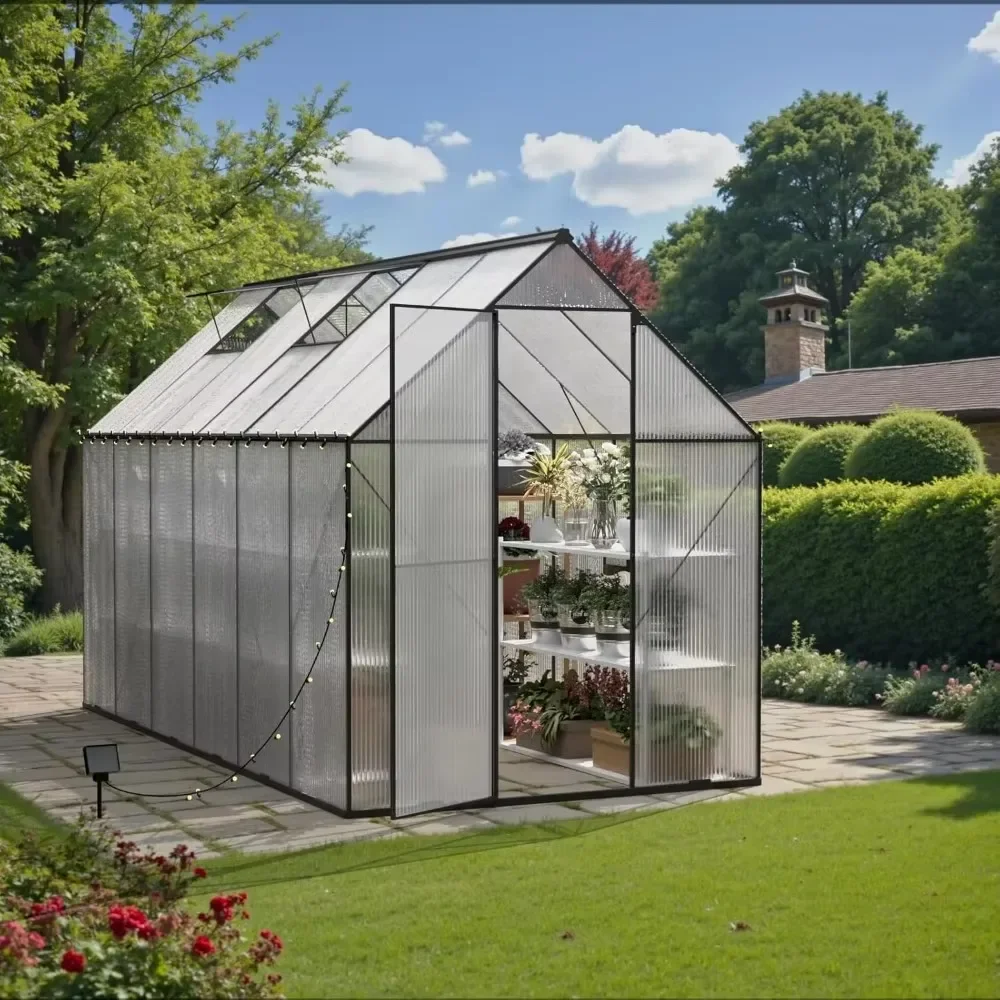 6x12 FT Greenhouses with Aluminum Alloy Frame, Galvanized Steel Base, Outdoor Heavy Duty Polycarbonate Walk in Greenhouse