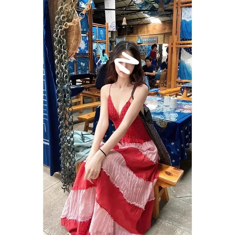 컬러 블록 대비 스트라이프 미디 긴 민소매 할로우 백리스 스트랩, 섹시하고 우아한 원피스 여성용 맥시 드레스, Y2K 보호 드레스