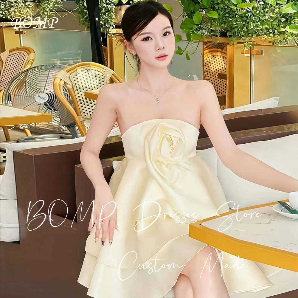 

BOMP Sweet Yellow Wedding Party Dresses Strapless Flowers A-Line Satin Mini Special Occasion Bithday Gown Customized Simple