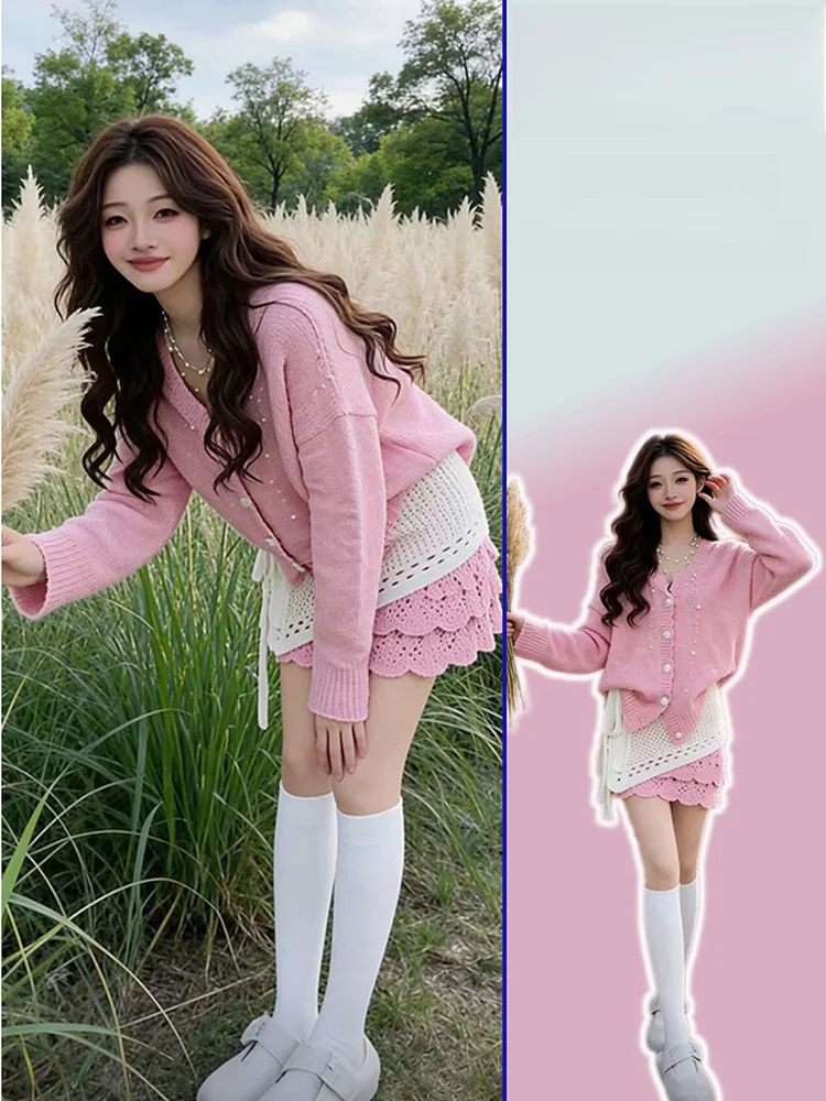 

plus Size Soft Sweet Sle Pink Knitted Sweater High Waist f Body Skirt Leather Curtain Tee Piece Set for Women Casual Wear