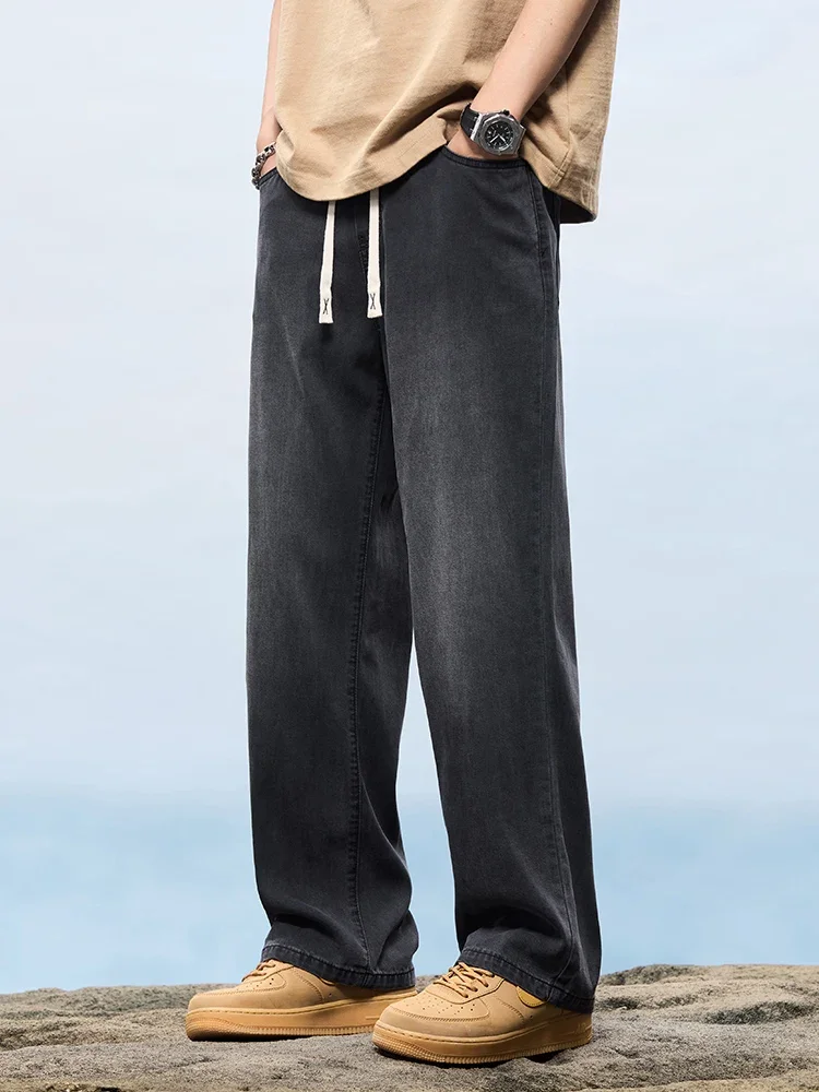 الربيع الصيف رقيقة فضفاض الجينز الرجال ليوسيل النسيج تنفس موضة مستقيم السراويل واسعة الذكور تمتد الكورية سراويل جينز #5