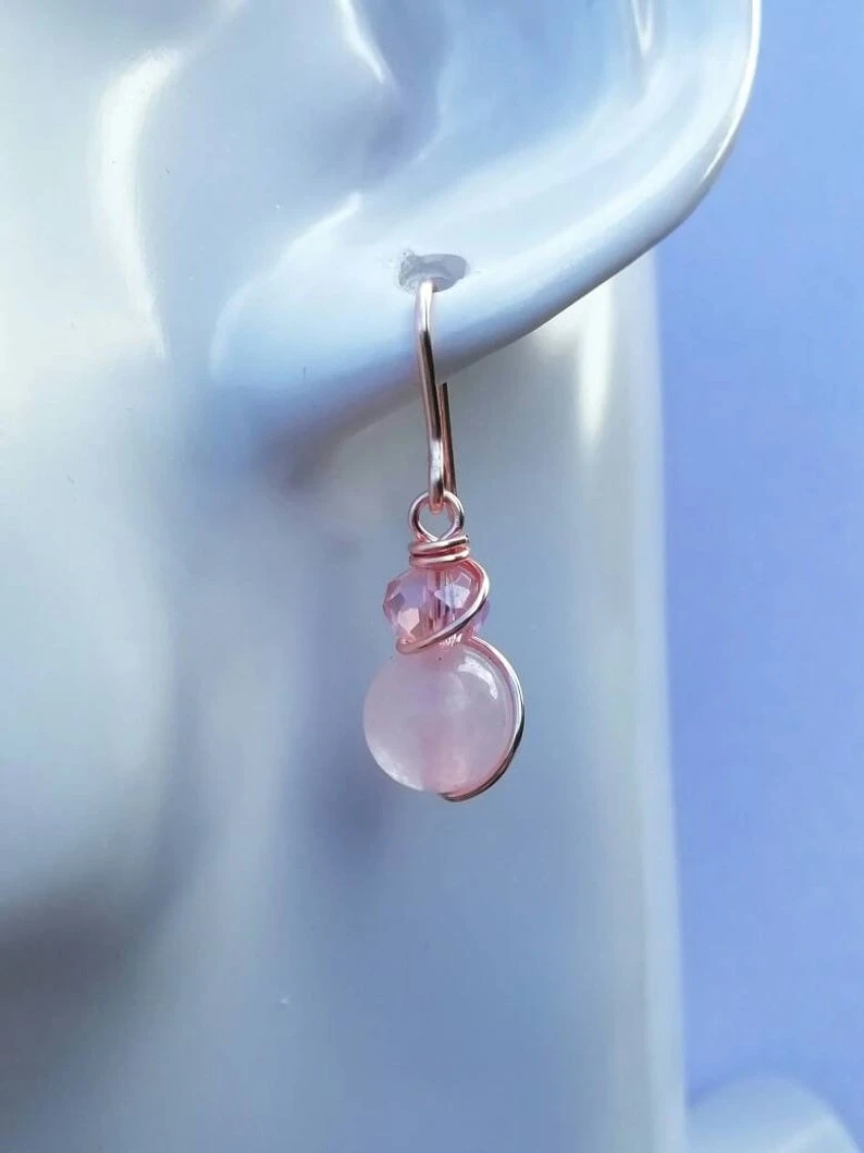 Rose Quartz Earrings *Rose Gold, Silver, Gold* Wire Wrapped, Bead Earrings, Gemstone Drop, Anxiety Earrings, Mermaid Jewellery