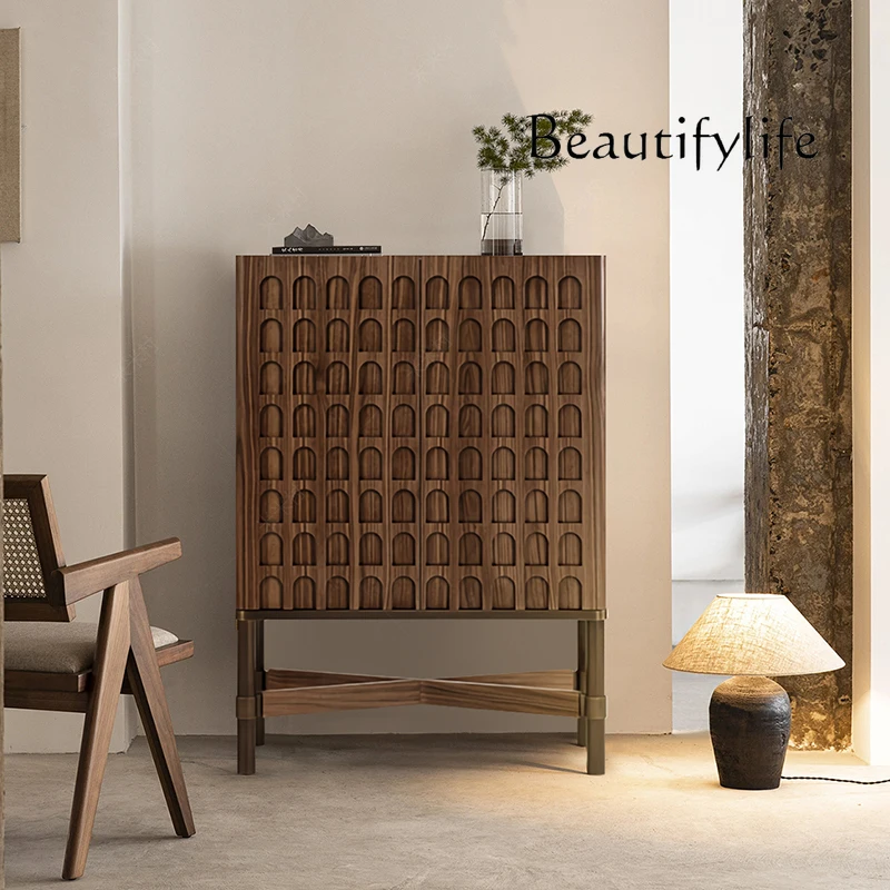 

Retro art dining side cabinet high-grade walnut pure solid wood vertical cabinet light luxury high-end relief locker
