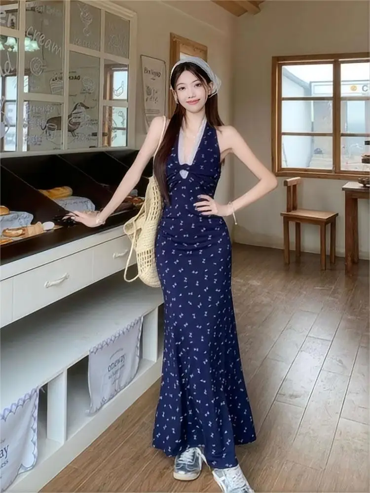 NUOMICI French Lace Splicing Floral 2025 Summer Dress Halter Neck Sleeveless  Waist Slimming Temperament Women Long Dress Beach