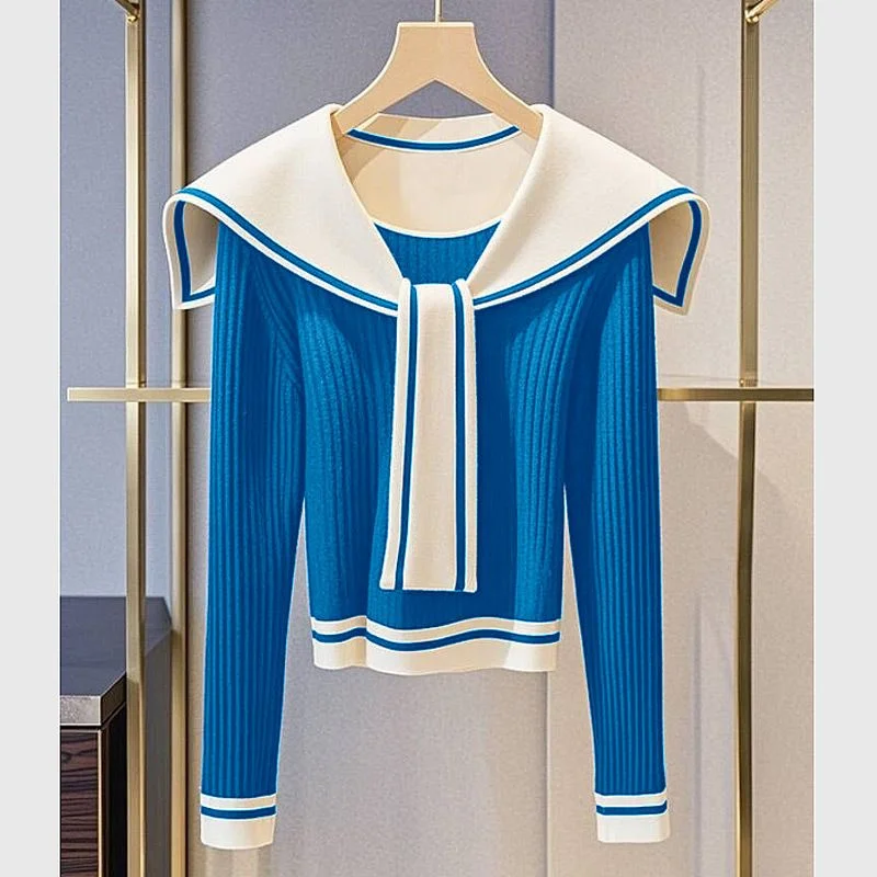 

Модный темно-синий вязаный свитер с лидерным воротником, женский трикотаж, весна-осень 2026, пуловер, женские универсальные топы с академической атмосферой