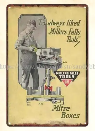 home decor  man cave Millers Falls tool Mitre Boxes metal tin sign