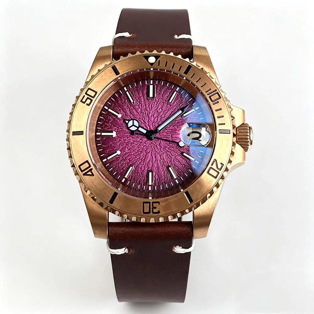 Tandorio Red Teacup Pattern Face Solid Real Cusn8 Bronze Japan NH35A Automatic Men Watch Sapphire 20ATM 120 Clicks Bezel Leather