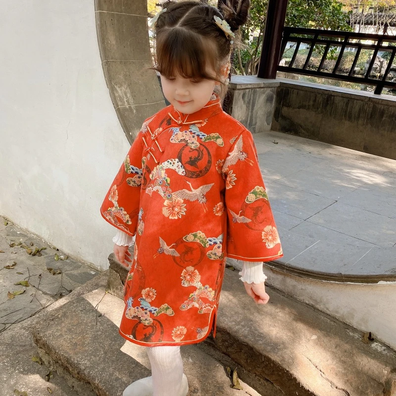 2022 New Year Kids Cheongsams Chinese Traditional Children Qipao Hanfu Geese Printed Long Sleeve China Style Girl Vintage Dress