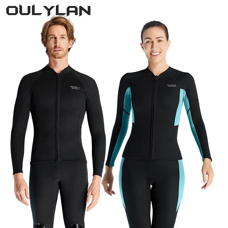 Oullan เสื้อดำน้ำ1.5มม. แขนยาว Baju menyelam Neoprene สำหรับผู้หญิงผู้ชายเสื้อโค้ทดำน้ำตื้นเสื้อแจ็คเก็ตโต้คลื่นชุดว่ายน้ำกันหนาว