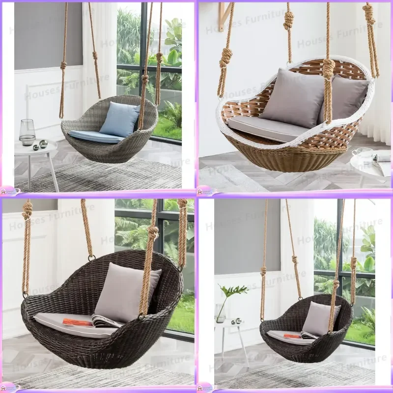 Rattan Outdoor Garden Swing Chair Rope Hanging Chair Round Patio Hammock Seat Furniture for Balcony Yard Porch Relaxing Decor