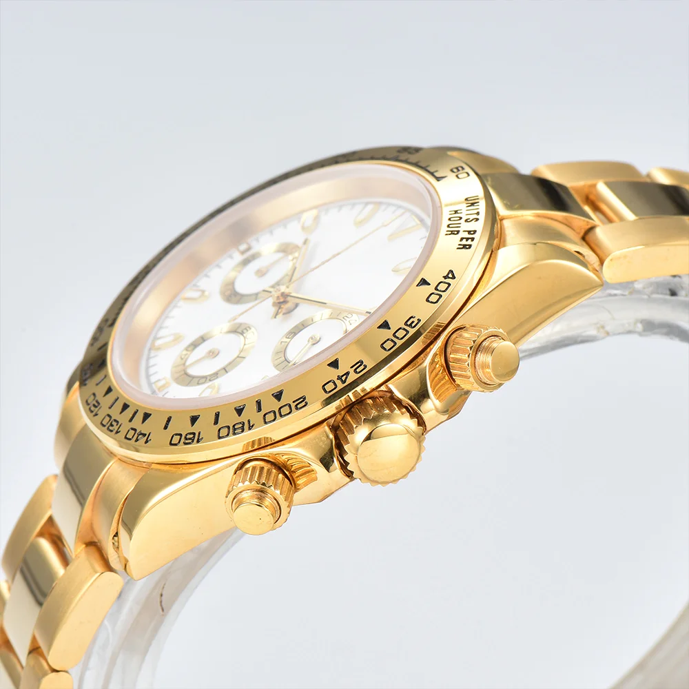 นาฬิกาผู้ชายสุดหรู DTN สีทองนาฬิกาอเนกประสงค์หน้าปัดแซฟไฟร์กระจกเรืองแสงกันน้ำคุณภาพสูงสามารถปรับแต่งโลโก้ได้