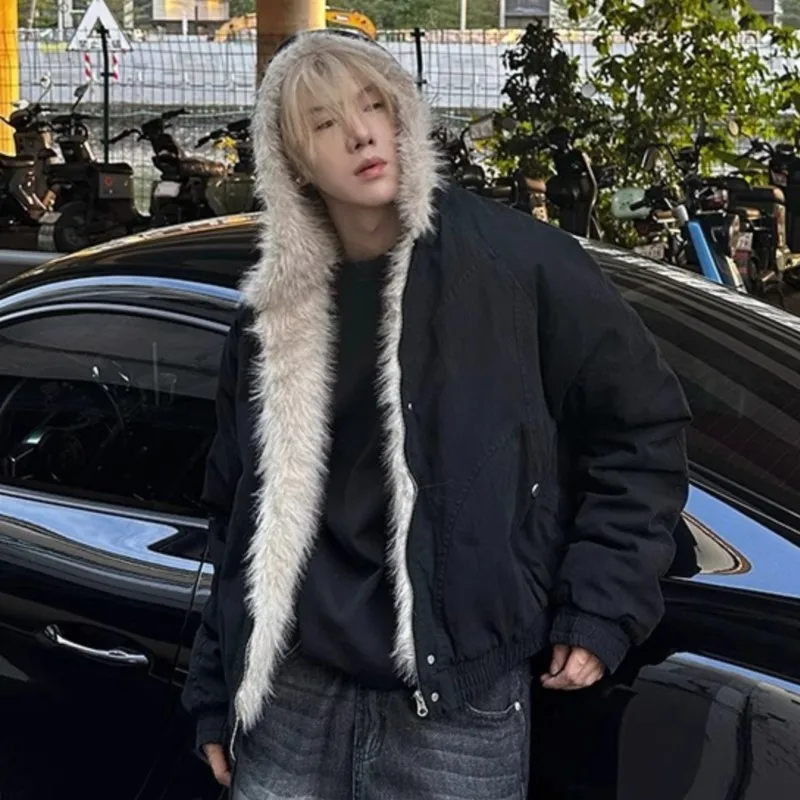 Faux Fur Collar Hooded Padded Jacket Men Winter Short Loose Streetwear Coat Zip Up Ribbed Outerwear Vintage Warm Parka Thermal