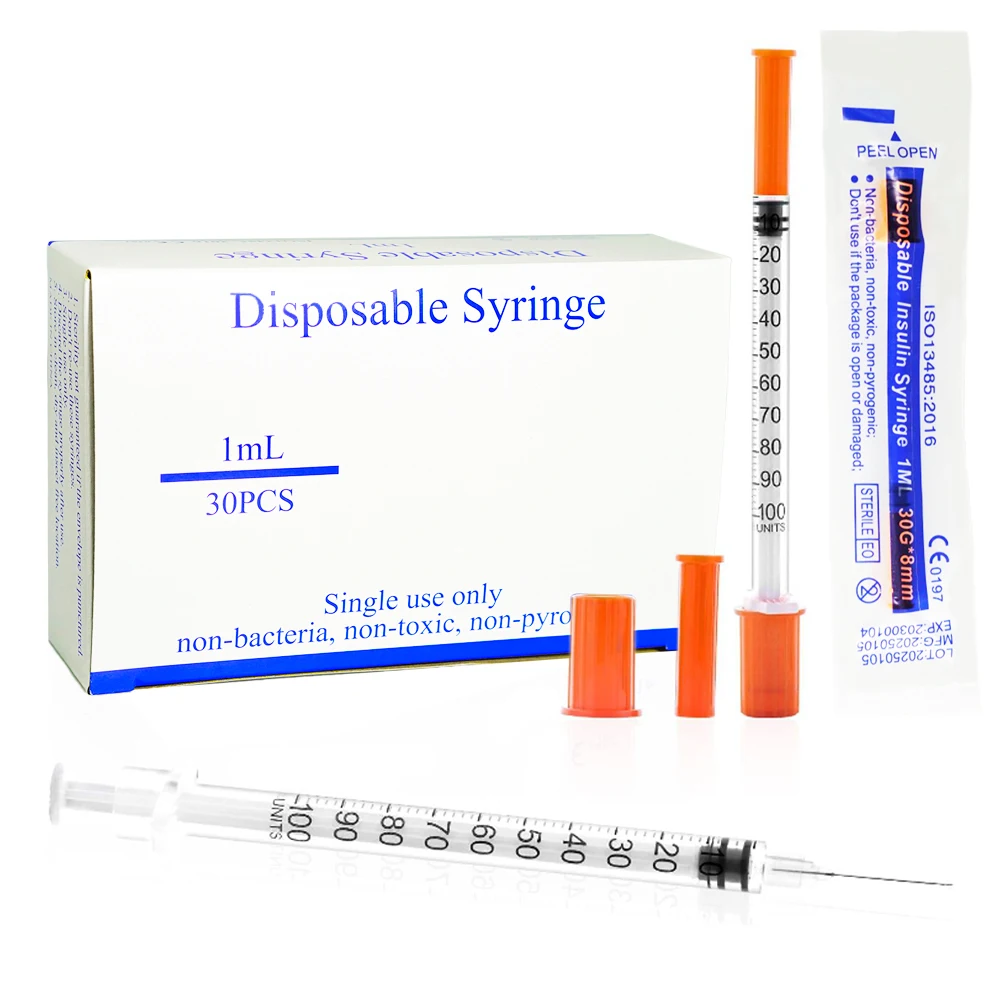 30Pcs/Box All Size 0.3ml 0.5ml 1ml insulin Syringe With Needle Disopable Sterile individually Packed for Animal Pets Farm Use